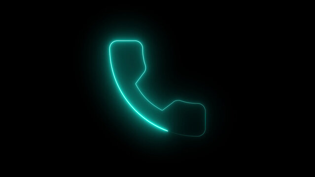 Minimalist cyan neon glowing telephone handset isolated on solid black background, for modern communication, and digital connectivity, concept and