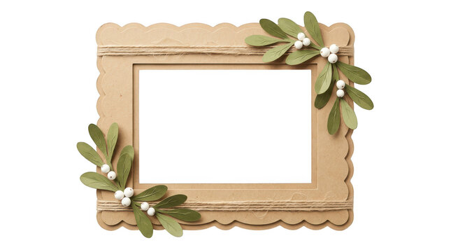Rustic wooden frame decorated with green mistletoe leaves isolated on transparent background