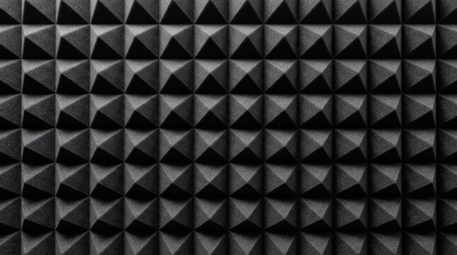 Close-up of black acoustic foam panels forming a repeating pyramid pattern, ideal for soundproofing and studio environments, creating an abstract texture background.