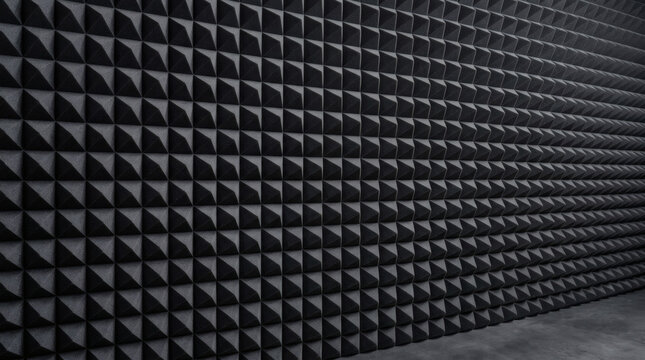 Dark grey acoustic foam wall in a recording studio, featuring a repeating geometric pyramid pattern for sound absorption and noise reduction, creating a soundproofed environment.