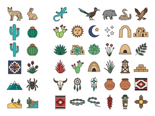 Obraz premium Southwest Desert Icon Set Featuring Animals, Plants, and Cultural Symbols