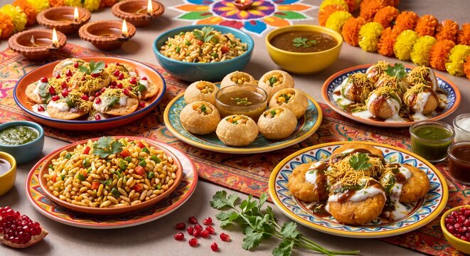 Festive Indian Diwali Chaat Party Food Spread with Savory Pani Puri, Papdi Chaat, and Aloo Tikki Arranged on Table with Lit Diyas and Marigold Garlands
