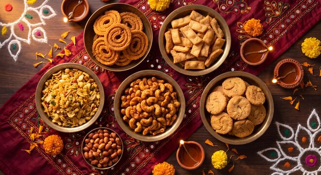 Traditional Indian Diwali savory snacks, including crispy chakli, mathri, and namak para in brass bowls with glowing clay diyas on a festive holiday background