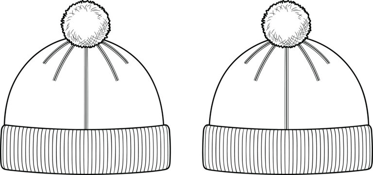 Pom pom beanie hat apparel fashion flat sketch, vector illustration technical drawing, line art template