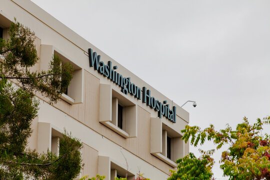 Exterior wall of Washington Hospital showing institutional signage and windows at a recognized healthcare site in Fremont California