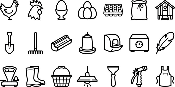 Vector line art icon set of poultry farming equipment chicken coop livestock care and egg production elements