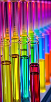 Rows of test tubes with colorful liquids inside, research, liquids