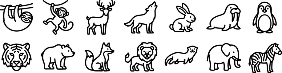 Fototapeta premium Vector line art icon set of wild animals zoo mammals arctic wildlife and forest fauna characters
