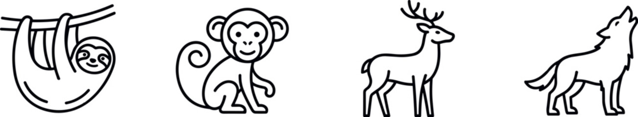 Obraz premium Vector line art icon set of wild animals forest fauna safari mammals and wilderness nature characters