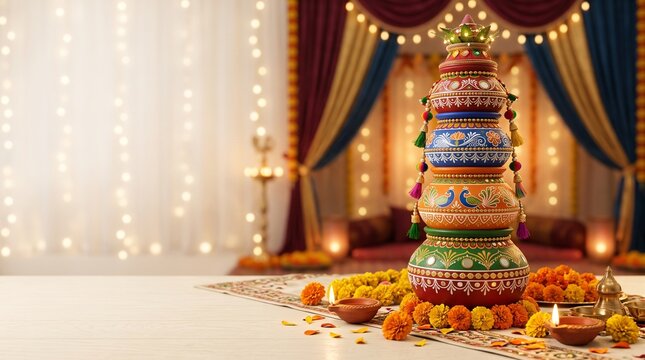 Stacked traditional colorful painted clay pots decorated with marigold flower garlands and glowing oil lamps diya on a festive indoor background for Navratri festival celebration concept