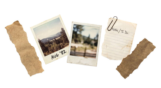 Vintage instant photos and torn paper scraps arranged on a white background
