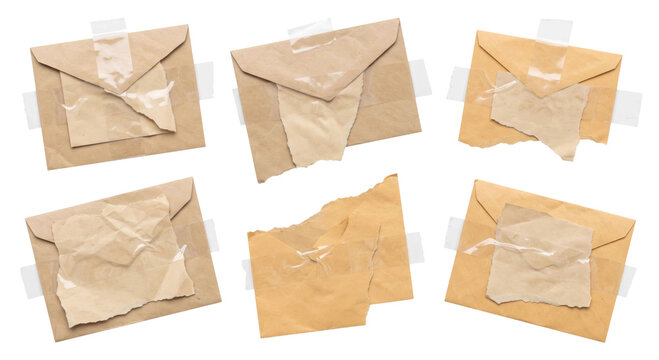 Collection of six rustic brown envelopes with torn paper accents taped on white
