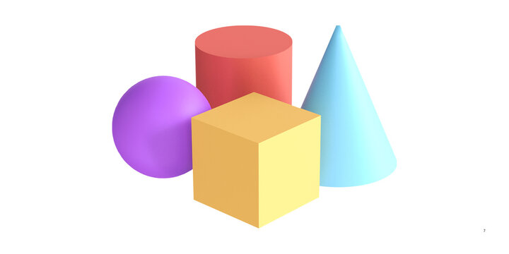 Minimalist 3D geometric shapes, colorful matte primitive solids. Pastel sphere cube cylinder and cone set, abstract educational blocks on white.