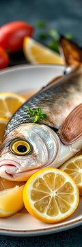 Freshly caught sole on a plate with lemon wedges, ||fish, seafood