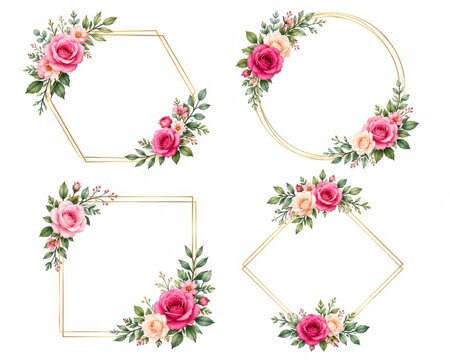 Set of gold geometric frames decorated with beautiful pink watercolor roses