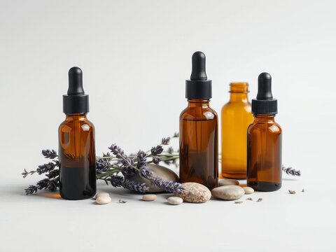 Amber glass dropper bottles arranged artfully with lavender sprigs and stones on a light gray background, evoking serenity and tranquility, meditative, understated