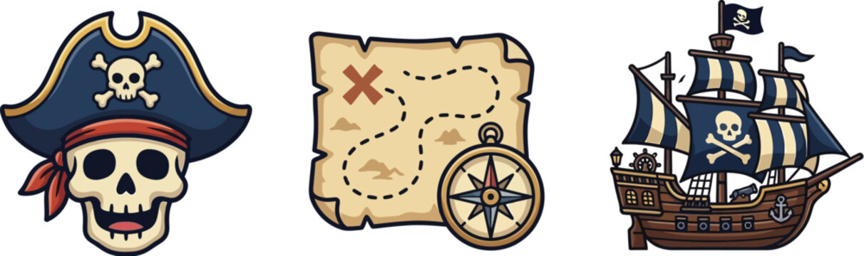 Pirate Elements Set with Captain Skull, Treasure Map, and Wooden Ship Isolated on White