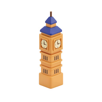 Big Ben clock tower 3D illustration. London landmark icon with blue roof and tan walls. Isometric toy style architectural model