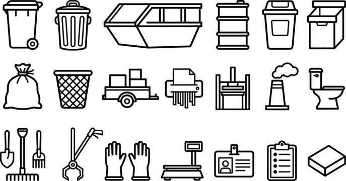 Minimalist black outline waste management and garbage disposal icons vector collection for recycling website design