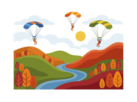 Parachutists Descend Over Autumnal Landscape