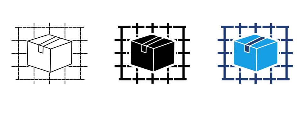 Package grid icon with cardboard box and measurement grid lines. Symbol of parcel dimensions, packaging layout, box size planning, logistics design, and blueprint.
