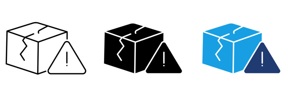 Damaged parcel icon with cracked cardboard box and warning sign. Symbol of fragile package, delivery error, broken cargo, handling alert, and shipping risk.