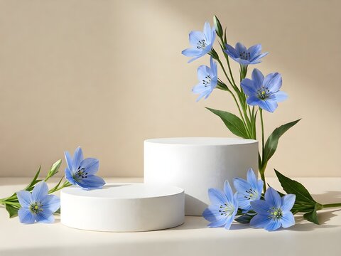 Minimal product display with white podiums and delicate blue flowers against a soft beige background, perfect for elegant cosmetic or skincare branding
