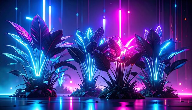 Vibrant purple and pink floral light display in dark room.
