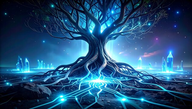 Futuristic digital network with glowing data streams.