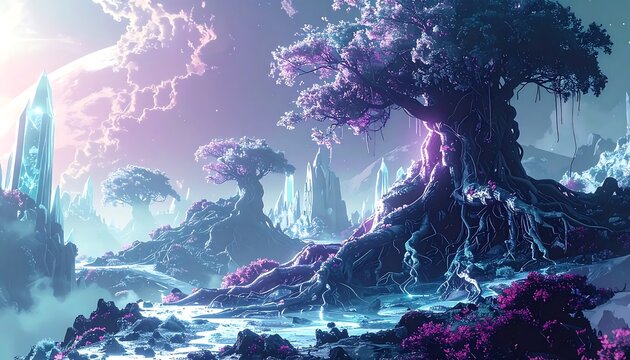 Misty forest scene with glowing magical atmosphere and ethereal light.