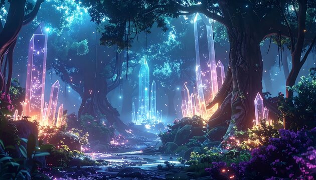Bioluminescent cave with glowing rock formations and water.