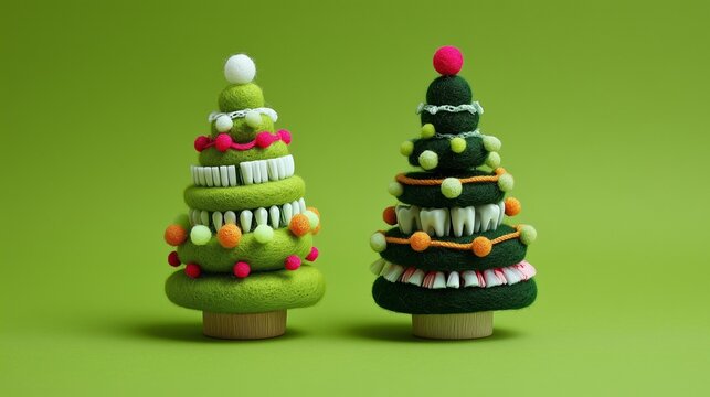 Festive felt Christmas trees decorated with colorful pom-poms and bright accents for a fun holiday display