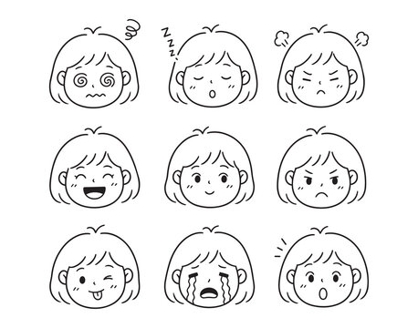 Hand-drawn doodle outline grid of girl faces with multiple simple emotions and expressions, monochrome head portraits for stickers, icons and learning charts