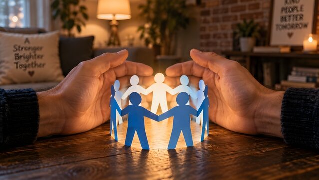 Hands protecting paper people figures on table symbolizing community support social care family protection teamwork insurance security trust and human connection in warm home environment