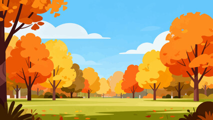 Obraz premium Vibrant autumn trees glow in warm hues. Clear sky with soft clouds floats above. Green grass stretches under golden light. Fall leaves drift gently to the ground. Ideal for seasonal, nature