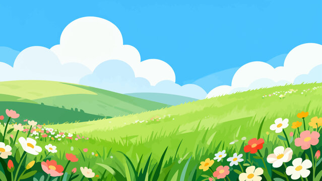 Bright sky floats above rolling green hills. Wildflowers dot the grass in cheerful hues. White clouds drift lazily in the blue expanse. Vibrant meadow invites calm and wonder