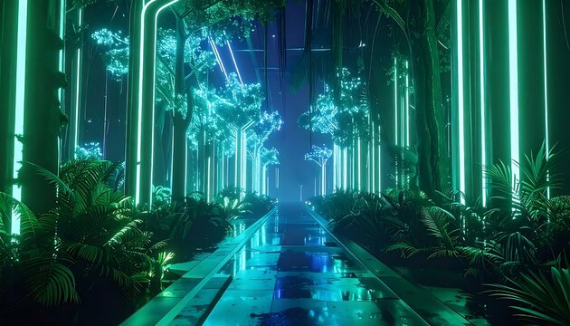 Mystical forest scene with glowing blue light and ancient trees.