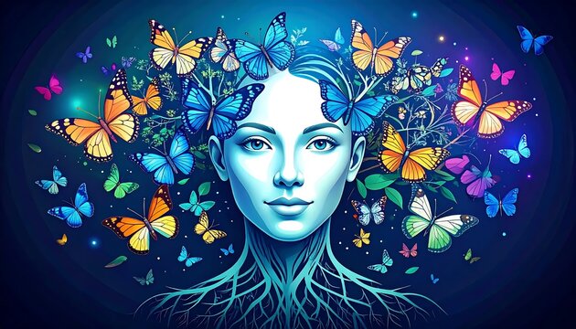 Digital portrait of a woman with glowing brain network visualization.
