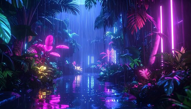 Vibrant purple and blue neon forest nightclub scene.