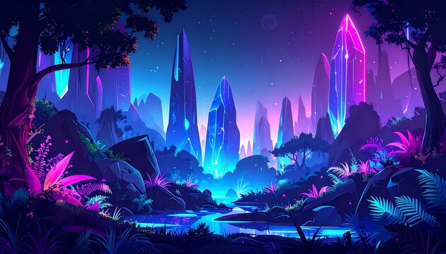 Vibrant neon caves with glowing stalactites and stalagmites.