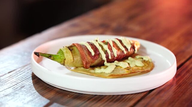 Chile asado envuelto en tocino sobre tortilla de harina con queso derretido