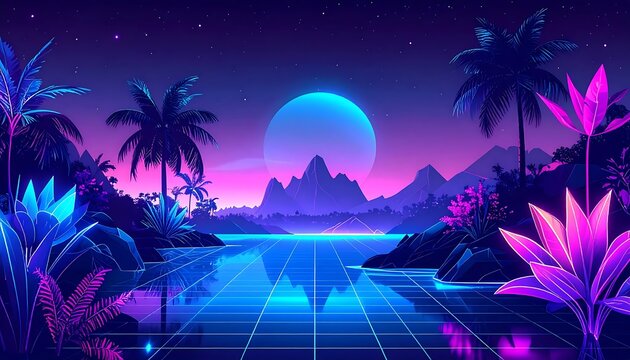 Vibrant neon digital art with palm silhouettes and mountain backdrop.