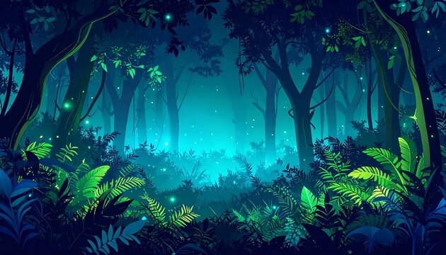 Mystical forest scene with glowing blue fog and lush greenery.
