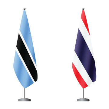 Botswana and Thailand flags on flagpoles for official ceremonies and meetings, transparent background vector