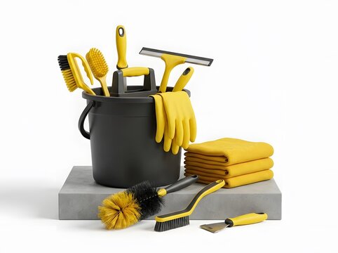 Professional yellow and black cleaning supplies arranged in a bucket