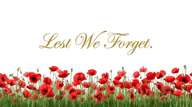 Lest We Forget text over a field of poppies