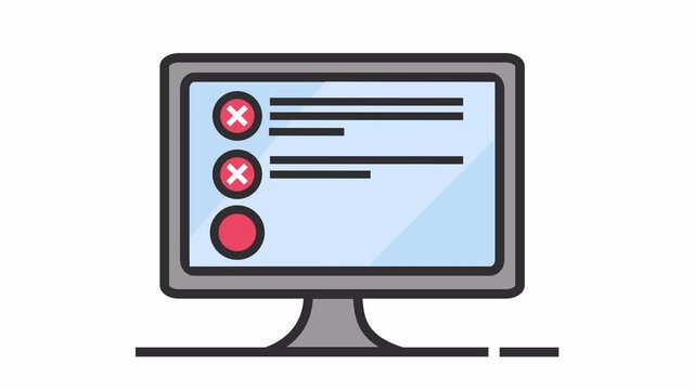 Rejected check mark on audit data verification checklist cartoon animation with computer authentication icon for to-do list cybersecurity survey element concept isolated on an alpha channel.