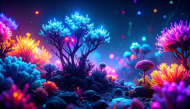Colorful abstract digital art with glowing neon trees and cosmic sky.