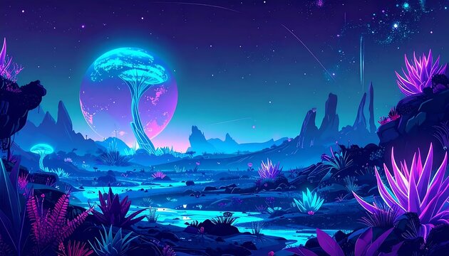 Vibrant underwater coral reef with glowing fish and plants.