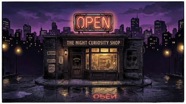Night curiosity shop on a city street corner with glowing orange neon open sign and reflection in a puddle at twilight.